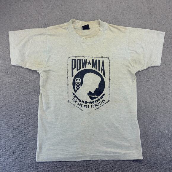 VTG POW MIA Shirt Mens Lg. White Single Stitch BEST Fruit of the Loom Hang Tag - Picture 1 of 14